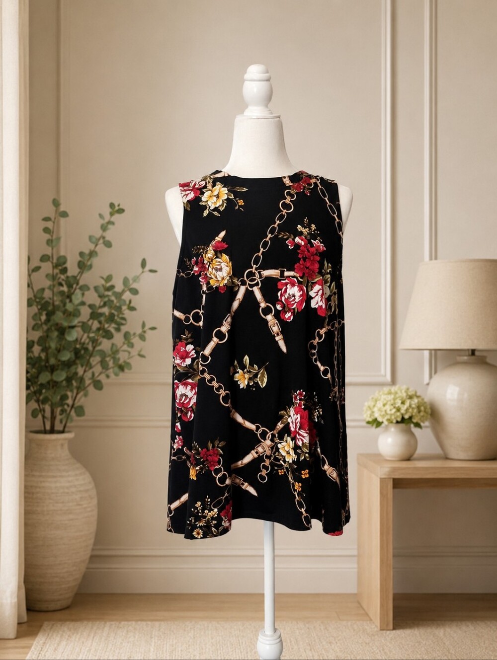 Apt. 9 Women's Large Black Floral Chain Print Sleeveless Tunic Top - Picture 2 of 6